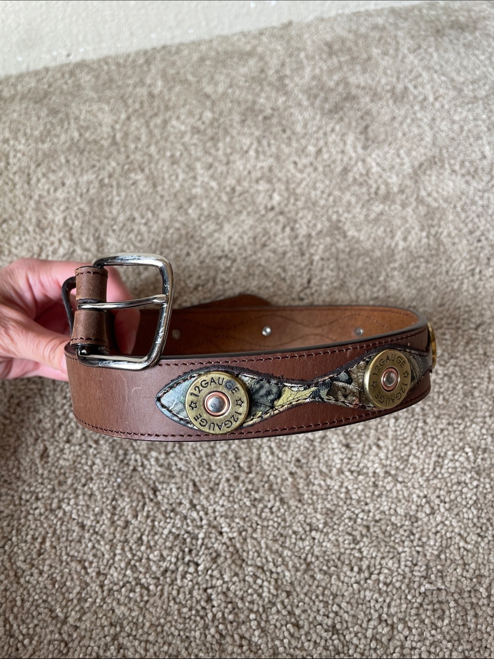 Badger Leather Brown & Camo Kids Belt with Shotgun Shell Boys 24 Western Hunting